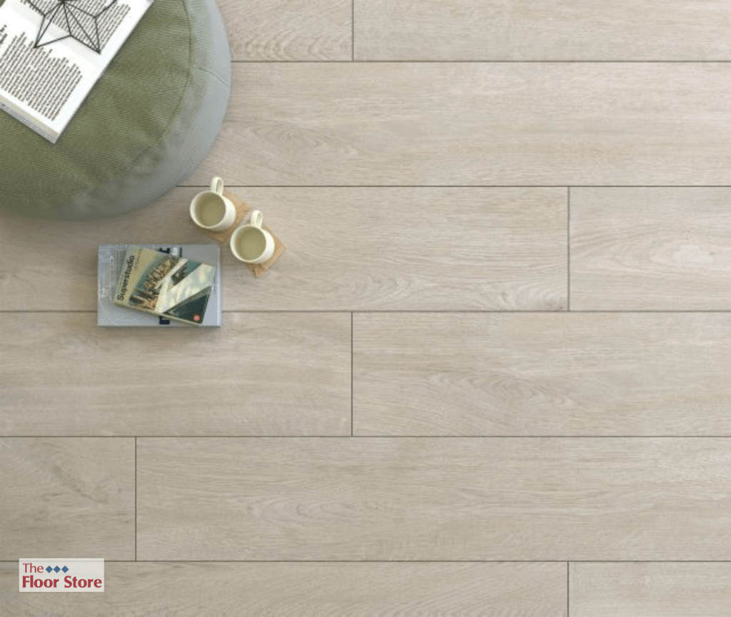 Custom tile floor featuring Elysium in Niara Blanco