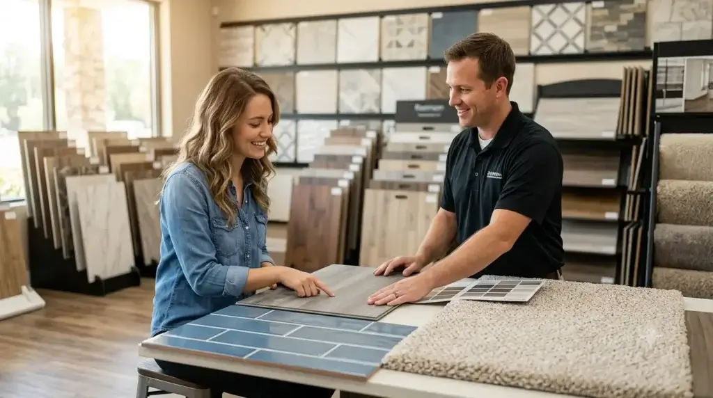 A woman and a flooring consultant review tile, carpet, and wood samples inside a Pensacola flooring store showroom