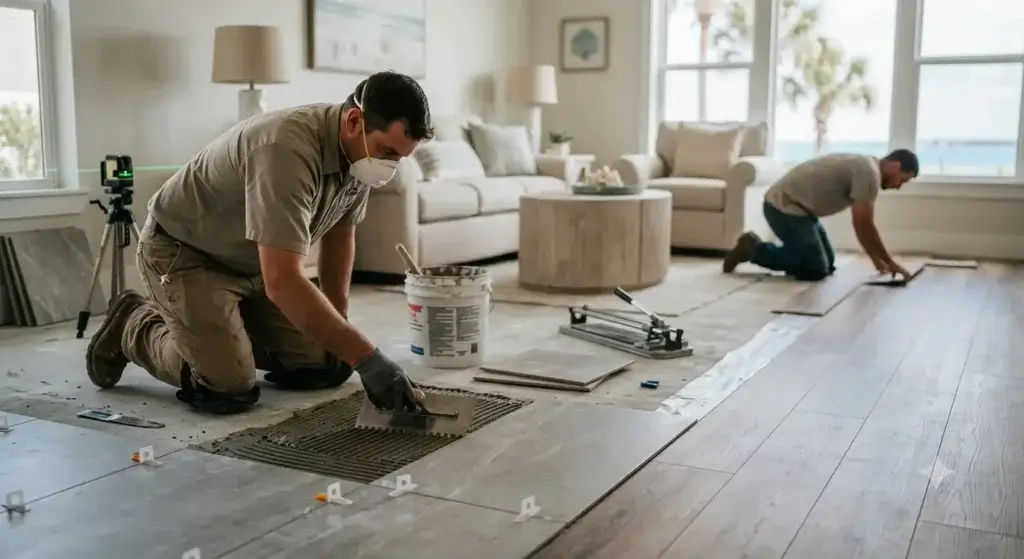 Two professional installers working in a bright Pensacola home. One installer lays large grey floor tiles, while the other installs wood-look flooring near a window with a coastal view.